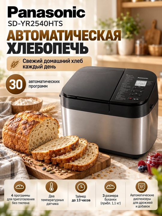 Хлебопечь Panasonic SD-YR2540HTS, 30 программ, диспенсеры, безглютеновая выпечка - 