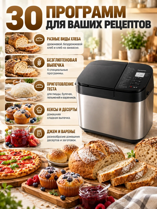 Panasonic SD-YR2540HTS nonvoyxonasi, 30 ta dastur, dispenserlar, glyutensiz pishiriqlar