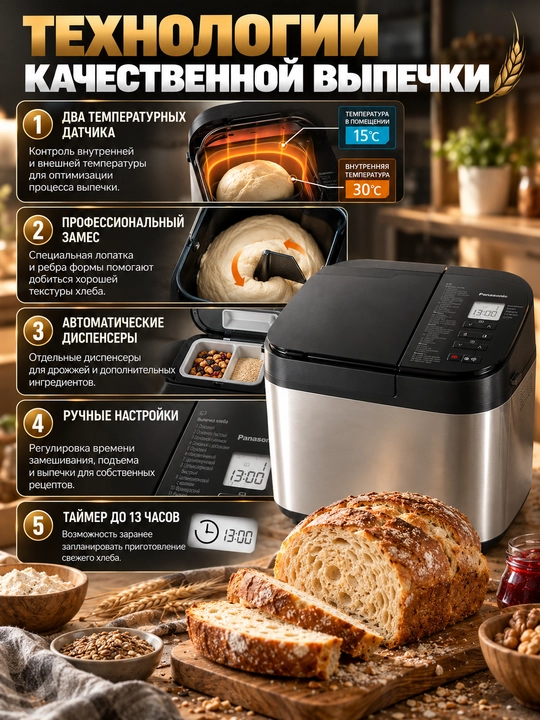Panasonic SD-YR2540HTS nonvoyxonasi, 30 ta dastur, dispenserlar, glyutensiz pishiriqlar