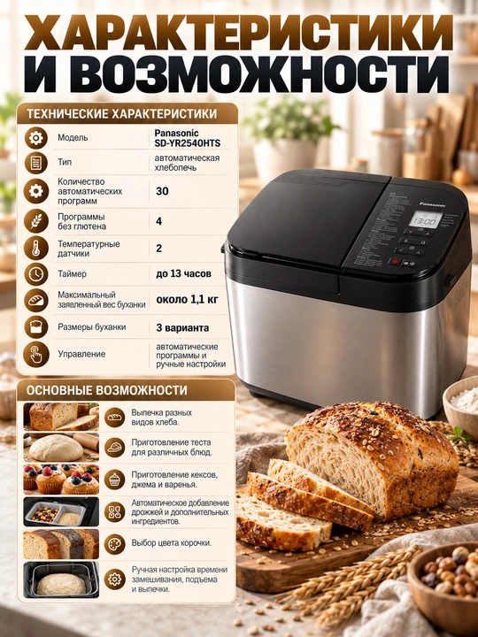 Panasonic SD-YR2540HTS nonvoyxonasi, 30 ta dastur, dispenserlar, glyutensiz pishiriqlar