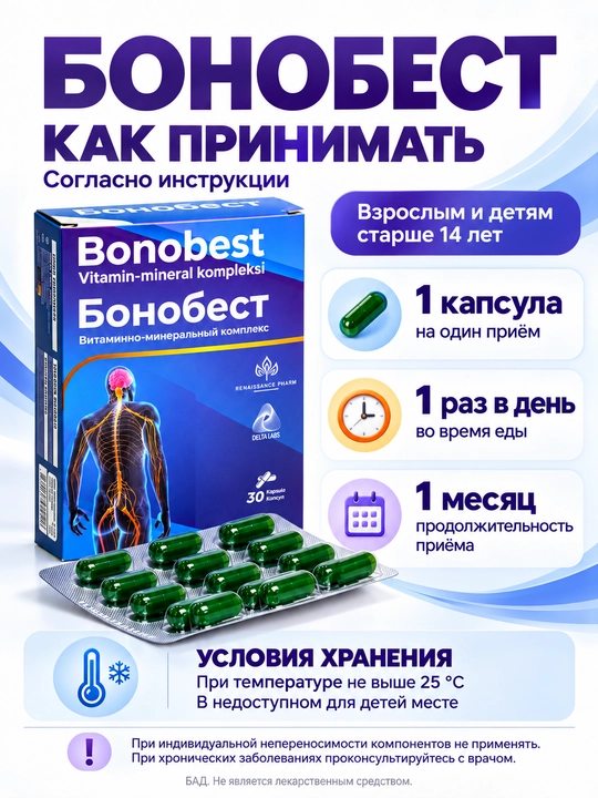Bonobest витаминно-минеральный комплекс, иммунитет и сердце, 30 капсул