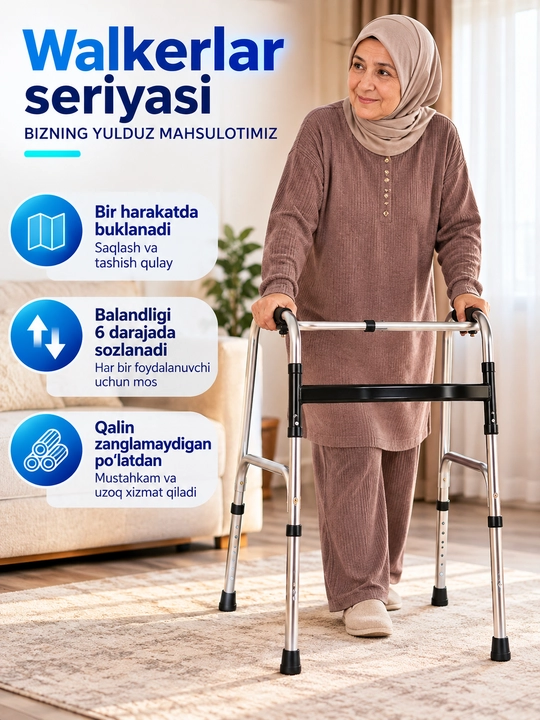 Nogironlar uchun xodunok, 100-150 kg gacha yurish moslamasi balandligi sozlanadigan