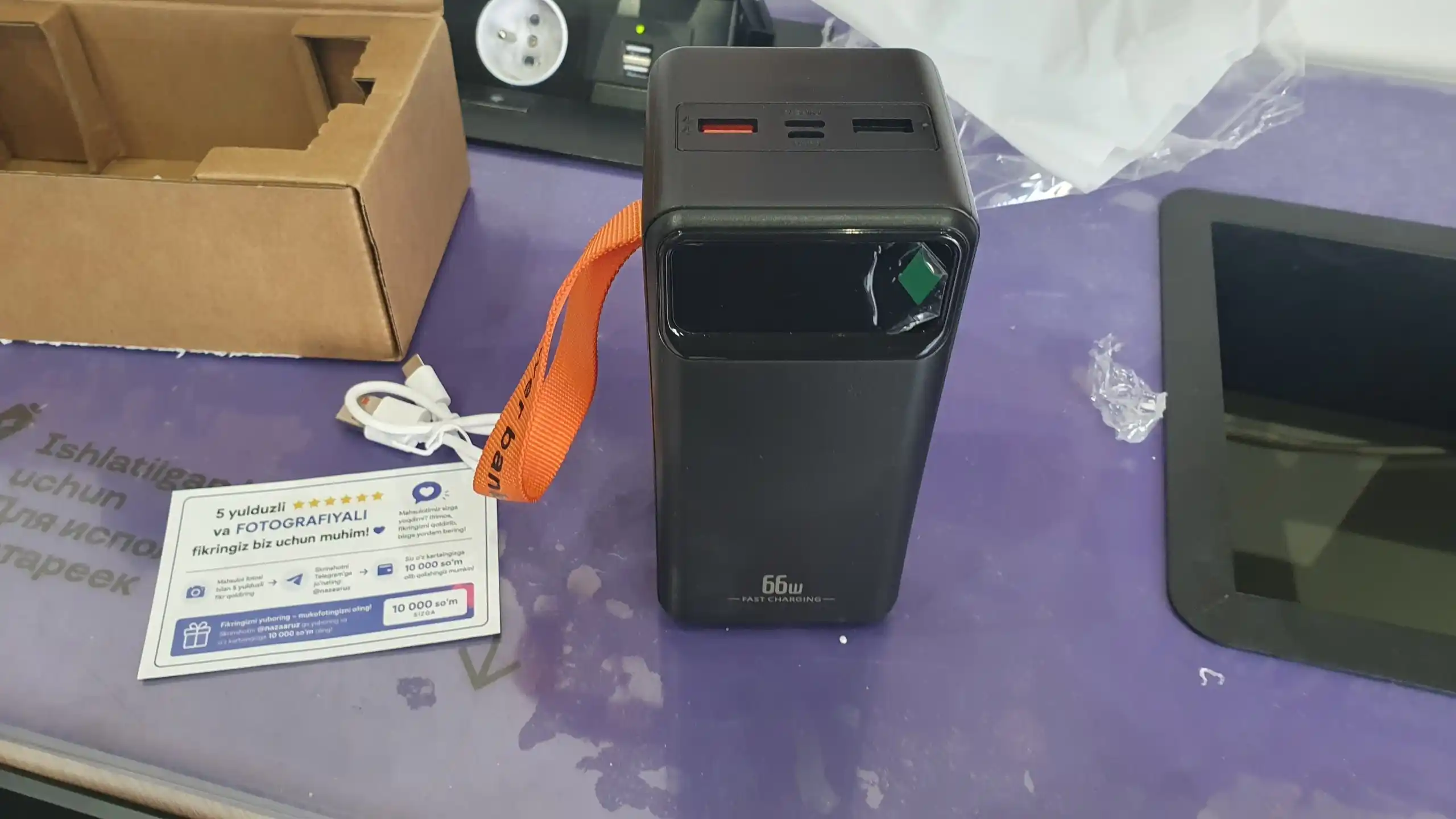Power Bank 20000mA 66W tezkor quvvat bilan tashqi akkumulyatori +4 kabel bilan