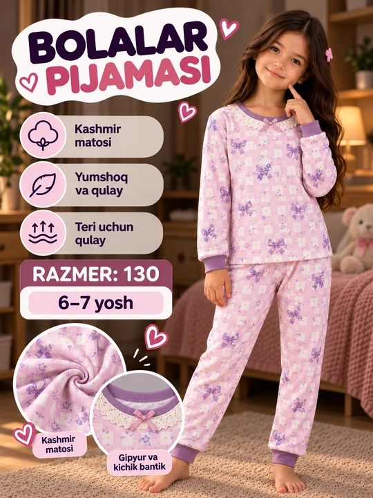Qiz bolalar uchun kuz-qish pijama to‘plami, yumshoq uy kiyimi, uzun yengli