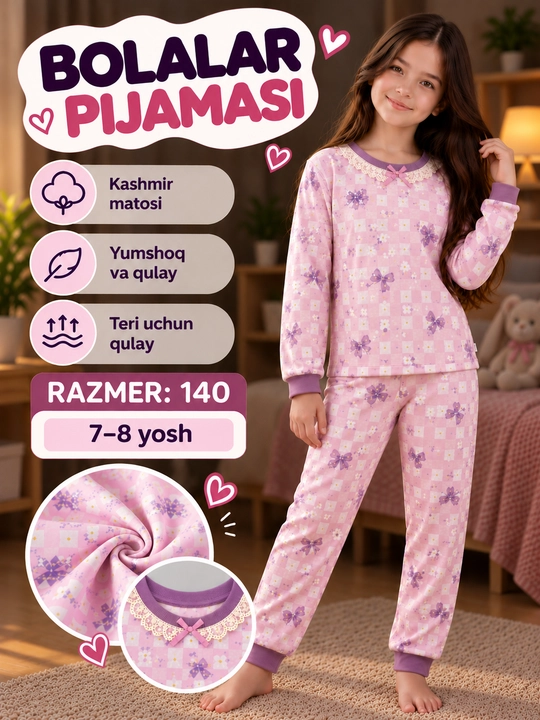 Qiz bolalar uchun kuz-qish pijama to‘plami, yumshoq uy kiyimi, uzun yengli