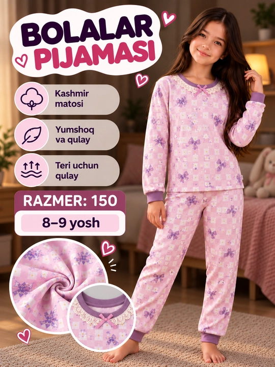 Qiz bolalar uchun kuz-qish pijama to‘plami, yumshoq uy kiyimi, uzun yengli