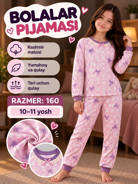 Qiz bolalar uchun kuz-qish pijama to‘plami, yumshoq uy kiyimi, uzun yengli