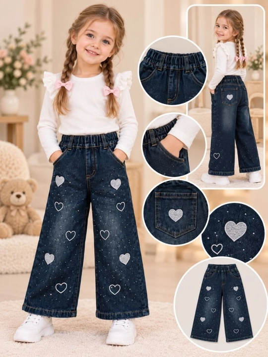Elastik belbog‘li to‘q ko‘k rangli qiz bolalar uchun keng jinsi shim - 