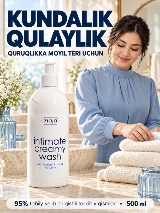 Intim gigiyena uchun gel Ziaja, gialuron kislotali, quruqlikka moyil teri uchun, 500 ml