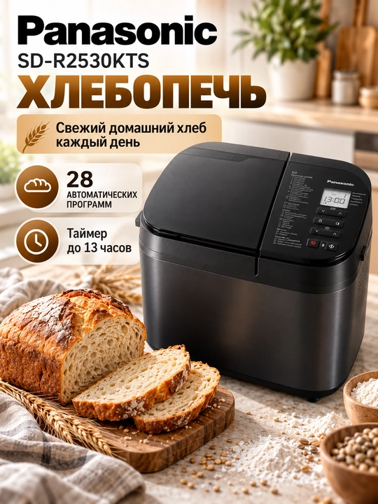 Хлебопечь Panasonic SD-R2530KTS, 28 программ, диспенсер, таймер 13 часов - 