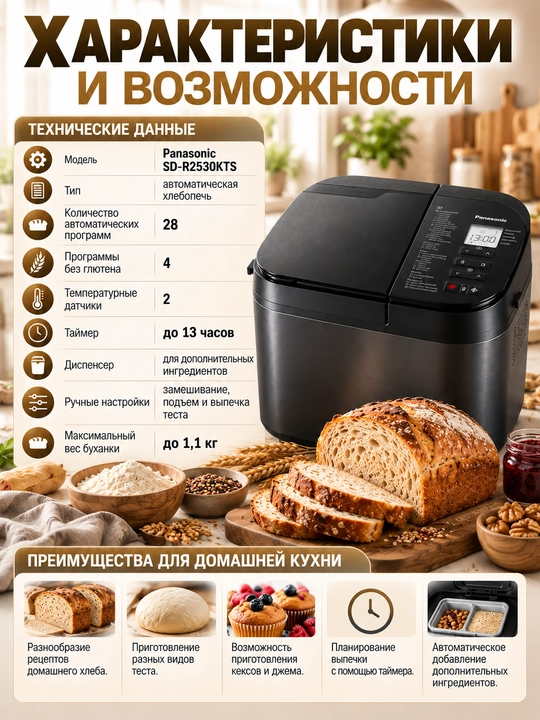 Panasonic SD-R2530KTS non yopish mashinasi, 28 dastur, avtomatik dispenser