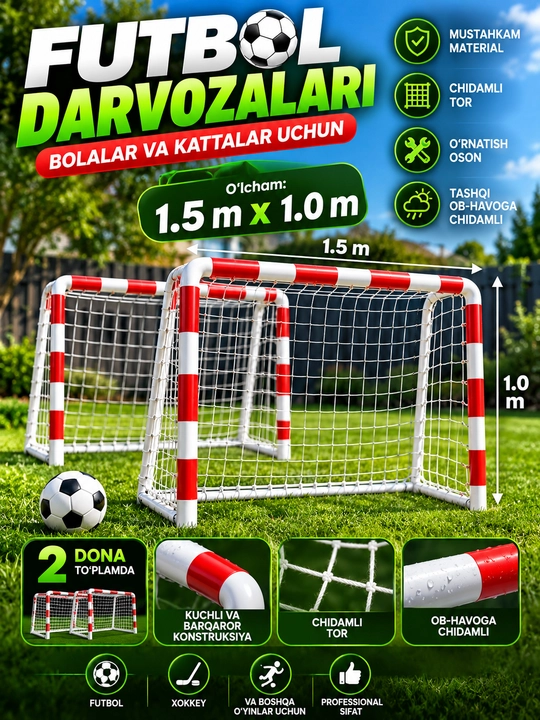 Futbol darvozasi 2 dona  1,5 × 1 m, Futbol va xokkey uchun - 