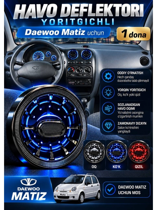 Matiz, Spark, Nexia 3 uchun 222 uslubidagi qora yoritgichli havo deflektorlari