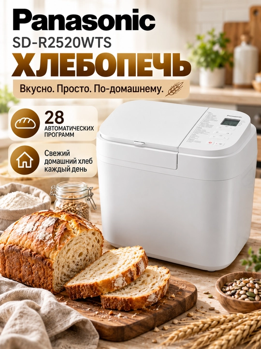 Хлебопечь Panasonic SD-R2520WTS, 28 программ, диспенсер, таймер 13 часов - 