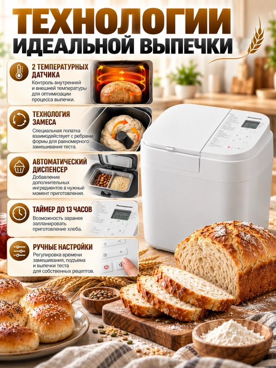 Хлебопечь Panasonic SD-R2520WTS, 28 программ, диспенсер, таймер 13 часов