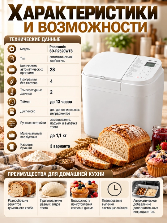 Хлебопечь Panasonic SD-R2520WTS, 28 программ, диспенсер, таймер 13 часов