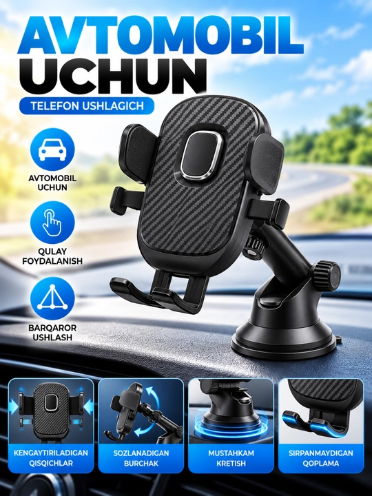 Avtomobil uchun telefon ushlagich, sozlanadigan avto holder - 