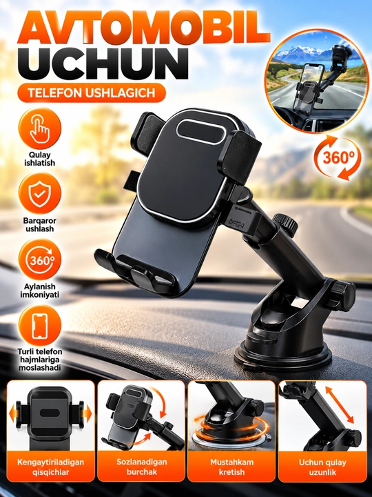 Avtomobil uchun telefon ushlagich, sozlanadigan avto holder - 