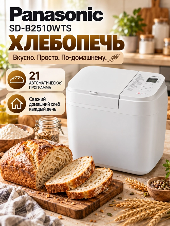 Хлебопечь Panasonic SD-B2510WTS, 21 программа, 4 режима без глютена, таймер 13 часов - 