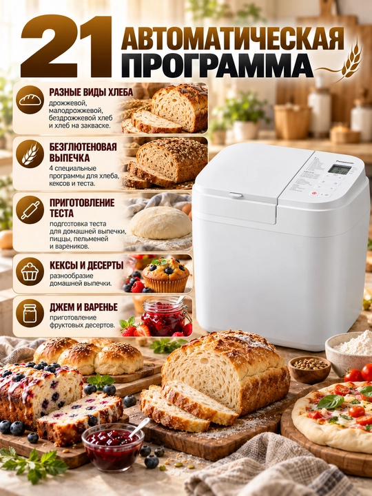 Хлебопечь Panasonic SD-B2510WTS, 21 программа, 4 режима без глютена, таймер 13 часов
