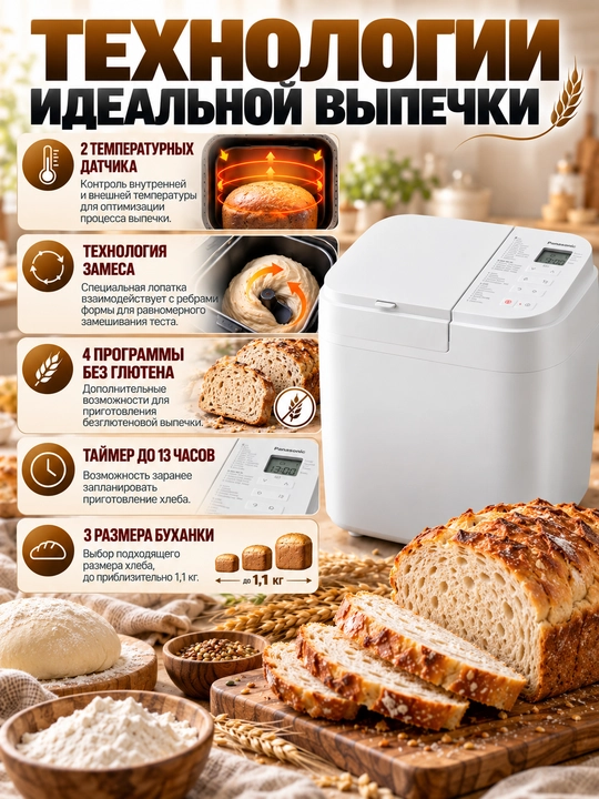 Хлебопечь Panasonic SD-B2510WTS, 21 программа, 4 режима без глютена, таймер 13 часов