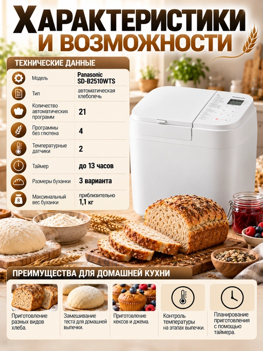 Хлебопечь Panasonic SD-B2510WTS, 21 программа, 4 режима без глютена, таймер 13 часов