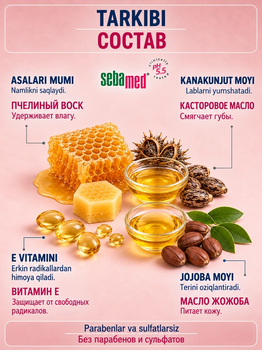 Jojoba yog‘i va E vitamini bilan lablar uchun balzam, tiklash va UV-himoya