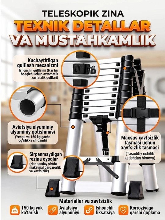 Teleskopik alyuminiy narvon, yig‘iladigan, uy va ta’mirlash uchun