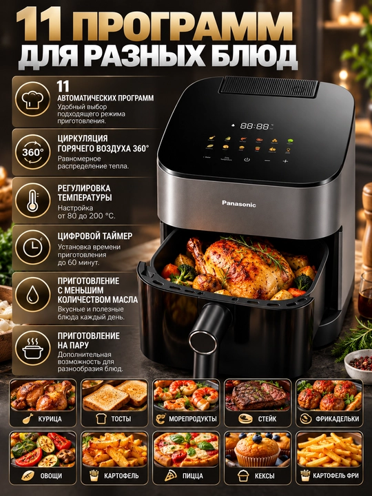 Panasonic NF-CC500SXE aerogrili, 5 litr, 1450 Vt, bug‘ bilan pishirish funksiyasi