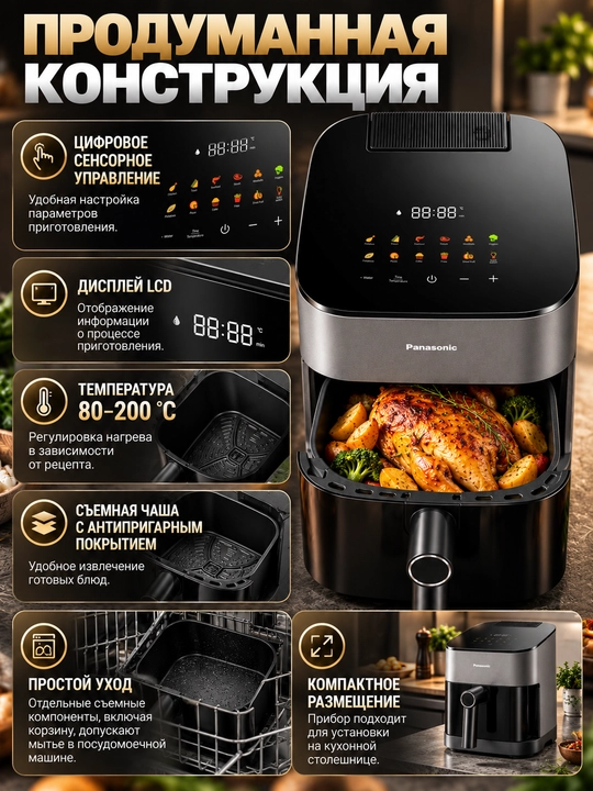 Panasonic NF-CC500SXE aerogrili, 5 litr, 1450 Vt, bug‘ bilan pishirish funksiyasi