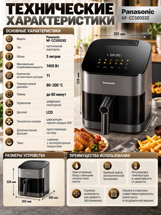 Panasonic NF-CC500SXE aerogrili, 5 litr, 1450 Vt, bug‘ bilan pishirish funksiyasi