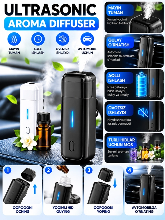Avtomobil uchun ultratovushli aroma diffuzor, xushbo‘y hid tarqatuvchi