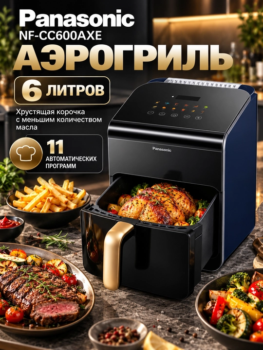 Panasonic NF-CC600 aerogrili, 6 litr, 1450 Vt, bug‘ funksiyasi bilan - 
