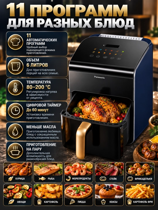 Panasonic NF-CC600 aerogrili, 6 litr, 1450 Vt, bug‘ funksiyasi bilan