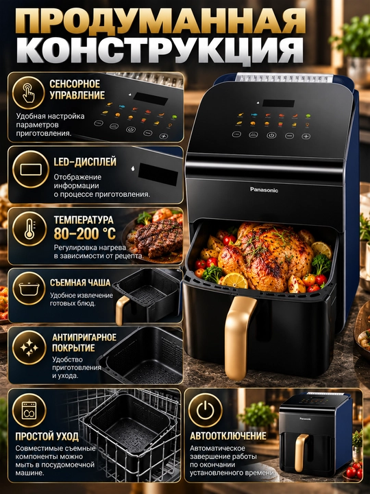 Panasonic NF-CC600 aerogrili, 6 litr, 1450 Vt, bug‘ funksiyasi bilan