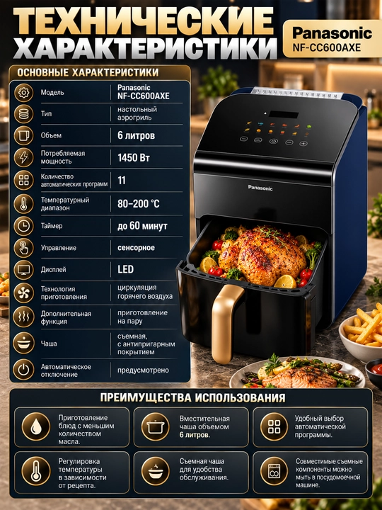 Panasonic NF-CC600 aerogrili, 6 litr, 1450 Vt, bug‘ funksiyasi bilan