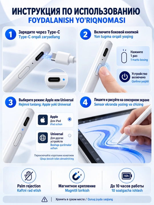 Стилус WiWU Pencil S-04 для планшета и смартфона, сенсорное перо, белый