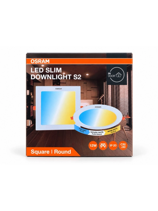 Shiftga o'rnatiladigan LED chiroq OSRAM Slim Downlight S2, yupqa, 3 rang, 12W/18W