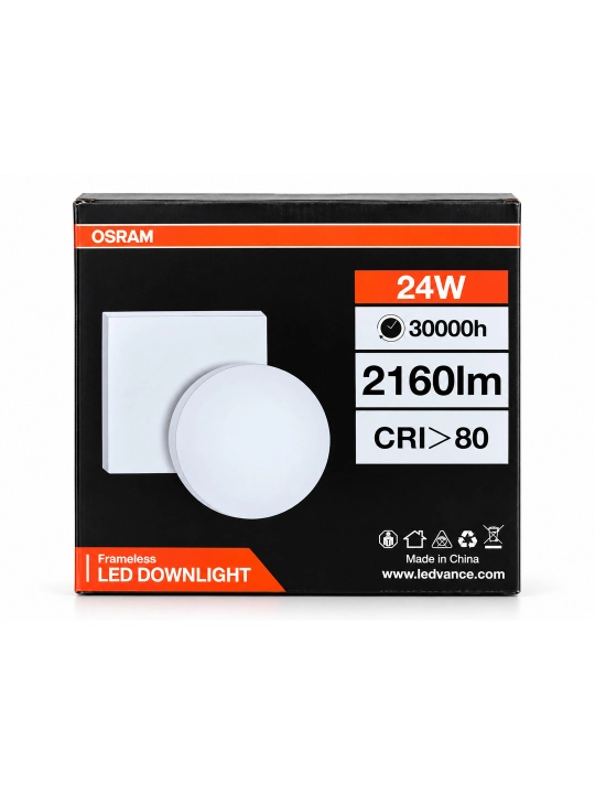 LED chiroq o'rnatiladigan OSRAM Frameless Downlight, dumaloq spot, shift uchun, 6500K