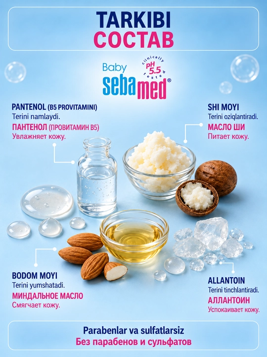 Tana uchun Sebamed Baby Body Milk bolalar suti, pantenol va moylar bilan