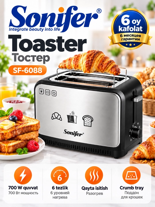 Sonifer SF-6088 700W elektr toaster, non qizdirgich, sendvich va tost tayyorlash uchun - 