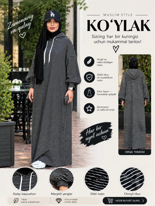 Ayollar uchun trikotaj uzun poloska abaya keng fason 48 52
