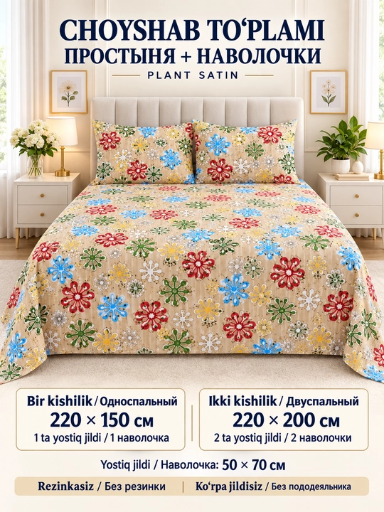 Plant satin choyshab to‘plami, bir kishilik 220×150, ikki kishilik 220×200 - 