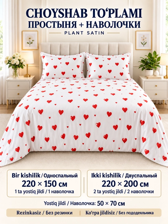 Plant satin choyshab to‘plami, bir kishilik 220×150, ikki kishilik 220×200 - 