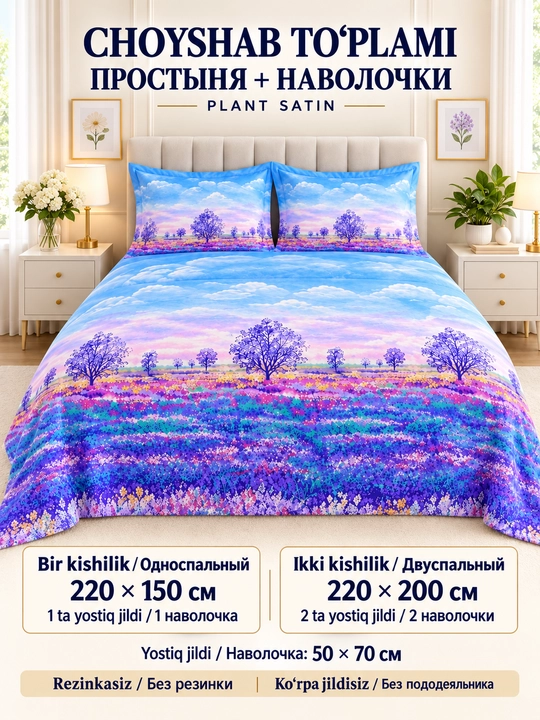 Plant satin choyshab to‘plami, bir kishilik 220×150, ikki kishilik 220×200 - 