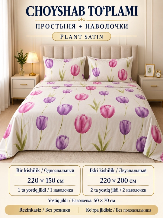 Plant satin choyshab to‘plami, bir kishilik 220×150, ikki kishilik 220×200 - 