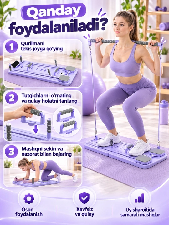 Uy uchun trenajyor, qo‘l, oyoq va butun tana uchun buklanadigan fitnes platformasi