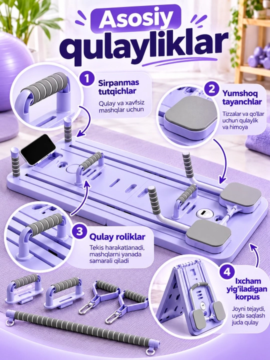 Uy uchun trenajyor, qo‘l, oyoq va butun tana uchun buklanadigan fitnes platformasi