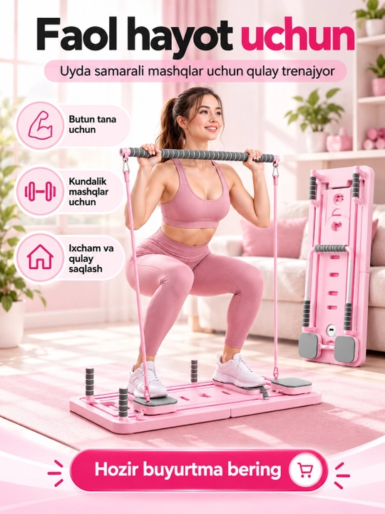 Uy uchun trenajyor, qo‘l, oyoq va butun tana uchun buklanadigan fitnes platformasi