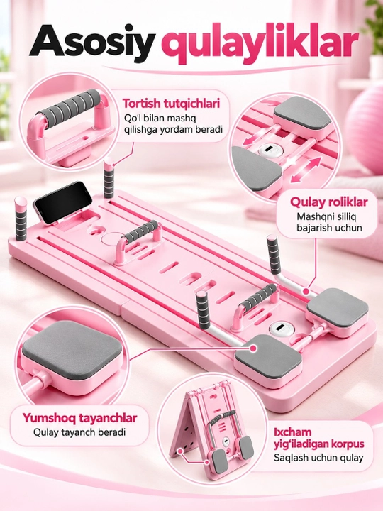 Uy uchun trenajyor, qo‘l, oyoq va butun tana uchun buklanadigan fitnes platformasi